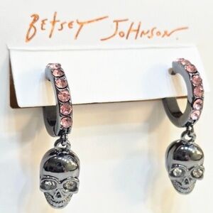BETSEY JOHNSON Halloween Goth Punk Glam Skull Pink Crystal Hoop Earrings NEW NWT